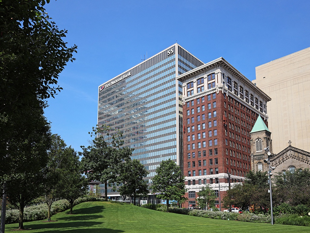 View of Residences at 55 Apartments from Public Square in Downtown Cleveland OH